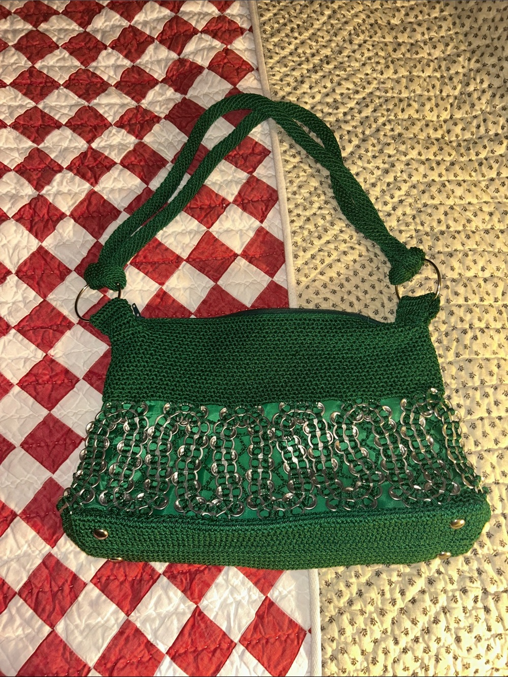 Green Chain-Trim Crochet Shoulder Bag